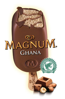 New Magnum Ghana has a layer of milk chocolate, made with 36% cocoa, with hazelnut ice cream and milk chocolate sauce beneath