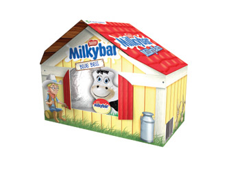 The Milkybar Milkybarn  contains a hollow milk chocolate egg and a Milkybar Cow