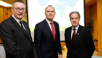 Chairman of Bord Bia Michael Carey with Fine Gael Minister for Agriculture, Food and the Marine Simon Coveney and chief executive Aidan Cotter at the launch of Bord Bia's annual Export performance and prospects reports at its headquarters in Dublin