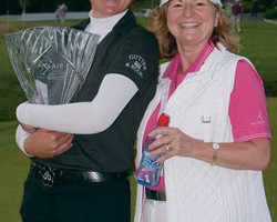 Sophie Gustafson poses with her trophy in front of Killeen Castle with Marie Cooney, Tipperary Water, after winning the AIB Ladies Irish Open for the fourth time