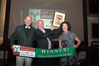 The NOffLA Off-Licence of the Year 2011 winner was Sweeney’s Wine Merchants, Glasnevin, Dublin. Kevin Simmons-Walsh, Finian Sweeney and Hannah Sweeney celebrate their win on the night