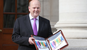 14/10/2014 Minister for Finance Michael Noonan arriving at Government Buildings to pose for the media ahead of the Budget for 2015