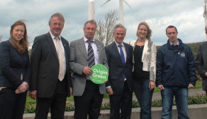 Eleanor Meade; Lorcan Bourke of Bord Bia; Philip Meade Sr.; Minister Richard Bruton, TD, Minister of Jobs, Enterprise and Innovation; Helen McEntee TD; Philip Meade Jr. and Gabriel Rowe, Department of Agriculture gather together following Minister Bruton’s raising of the Origin Green flag on Monday 13th April to mark the Meade Potato Company’s acceptance as full members of Origin Green, a sustainability certification programme