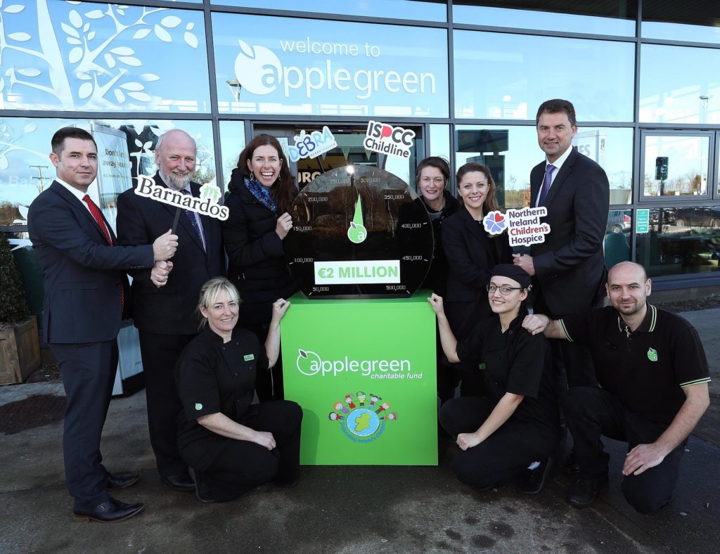 Adrian Gifney, Head of Charity (left) with Fergus Finlay CEO Barnardos, Judith Gilsenan Head of Fundraising and Marketing Debra Ireland, Gill Waters Director of Fundraising ISPCC, Rosemary Begley CSR Manger and Conor Lucey, Head of Operations at Applegreen with Allegreen staff members Sue, Michelle and David