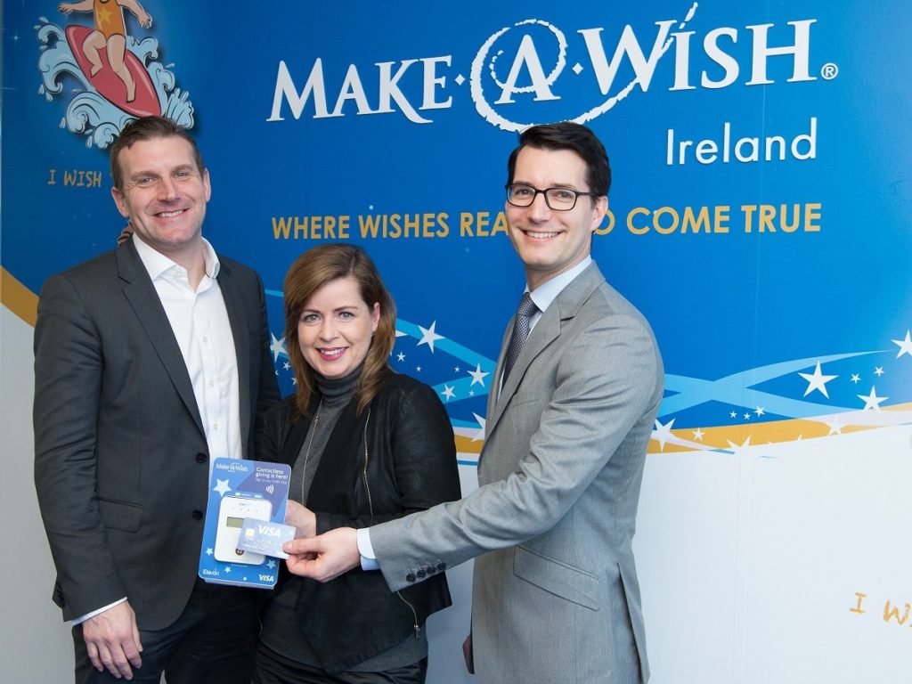 Eric Horgan, Elavon Country Manager for Ireland, Susan O’Dwyer, CEO at Make-A-Wish, Ireland, and Philip Konopik Visa country manager, Ireland, celebrate Wish Day 2018