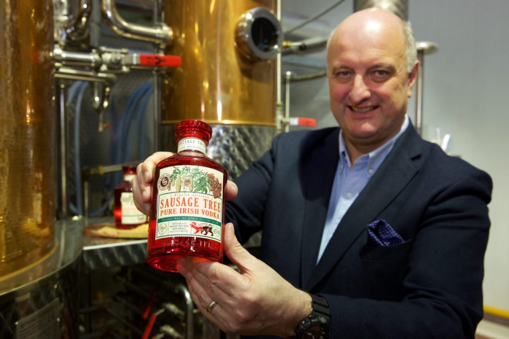 PJ Rigney displays the latest creation from his 'curious mind': Sausage Tree Pure Irish Vodka