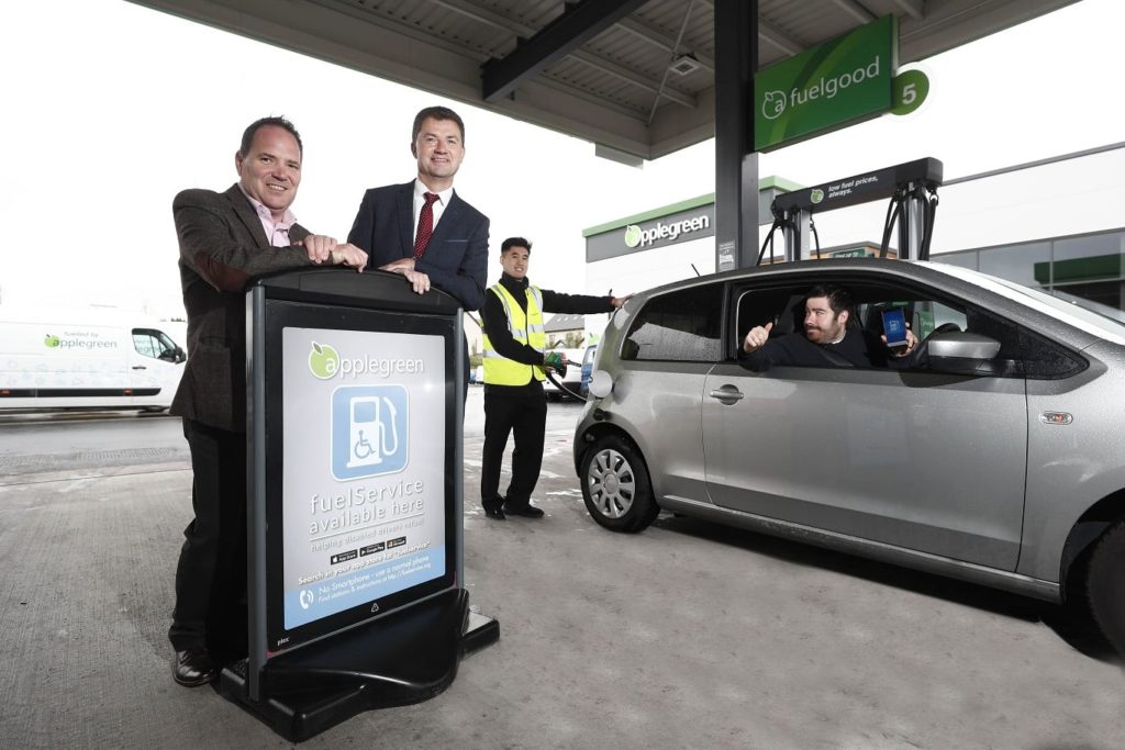 Conor Lucey Head of Retail Operations at Applegreen, Richard Ryder, Marketing Manager of Disabled Drivers Association of Ireland and fuelService app Service User Sean O’Kelly