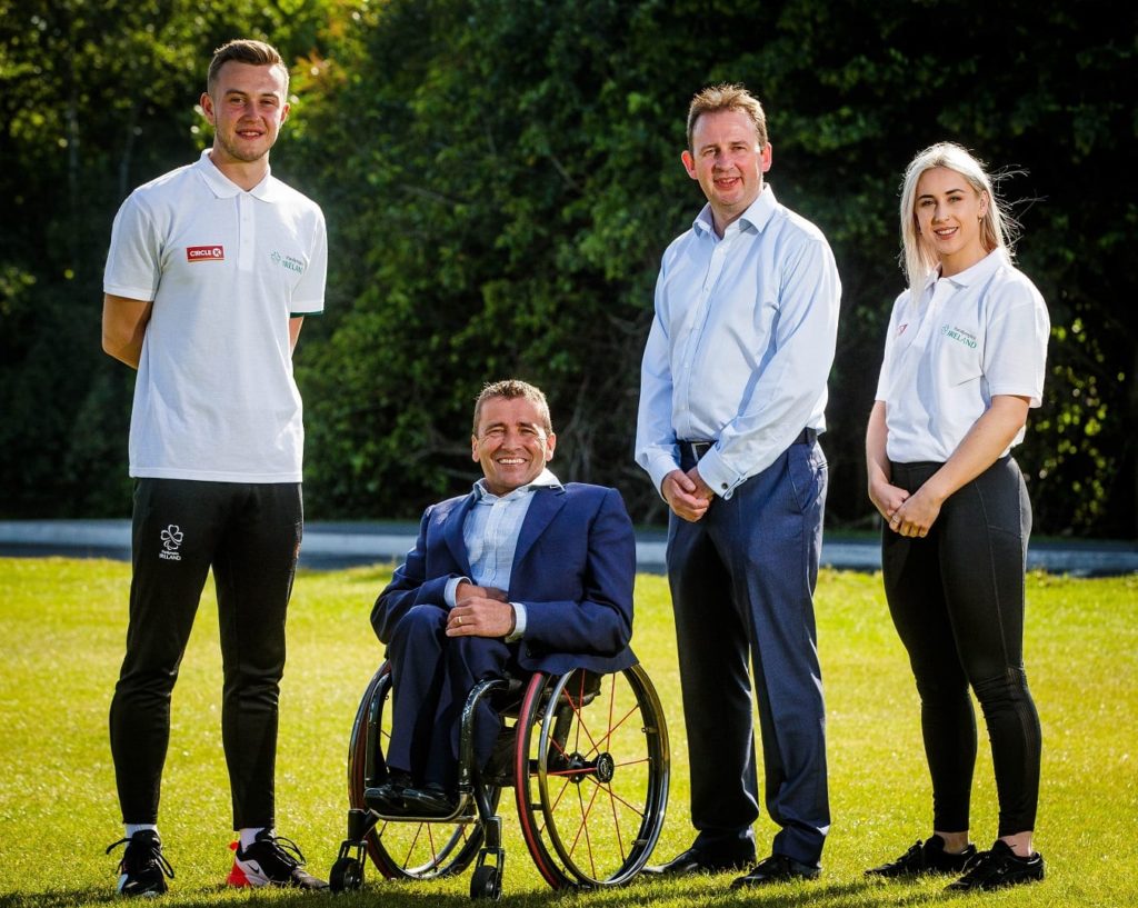 Jordan Lee, high-jumper; Niall Anderton, MD of Circle K Ireland; John Fulham, President of Paralympics Ireland; Orla Comerford, sprinter